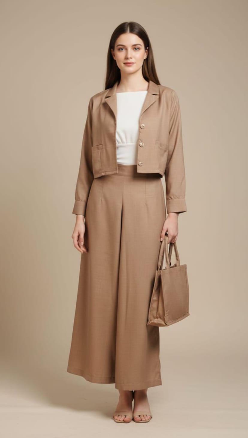 Women’s Brown 3 Piece Co-Ord Set Crop Top, Shirt & Wide Leg Pants | Elegant Formal Outfit