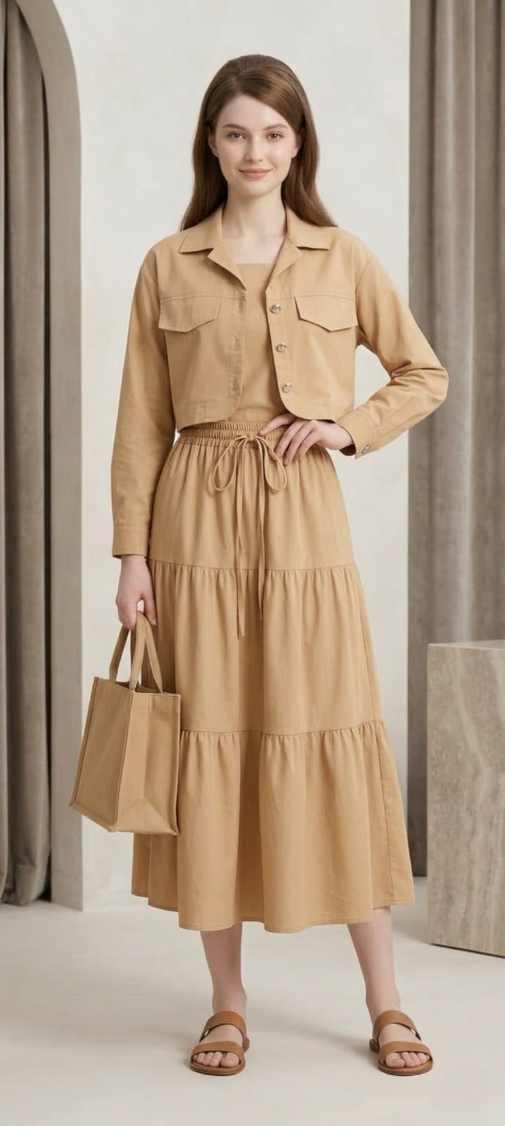 Women’s Beige 3 Piece Co-Ord Set Crop Top, Shirt & Midi Skirt | Elegant Formal Outfit