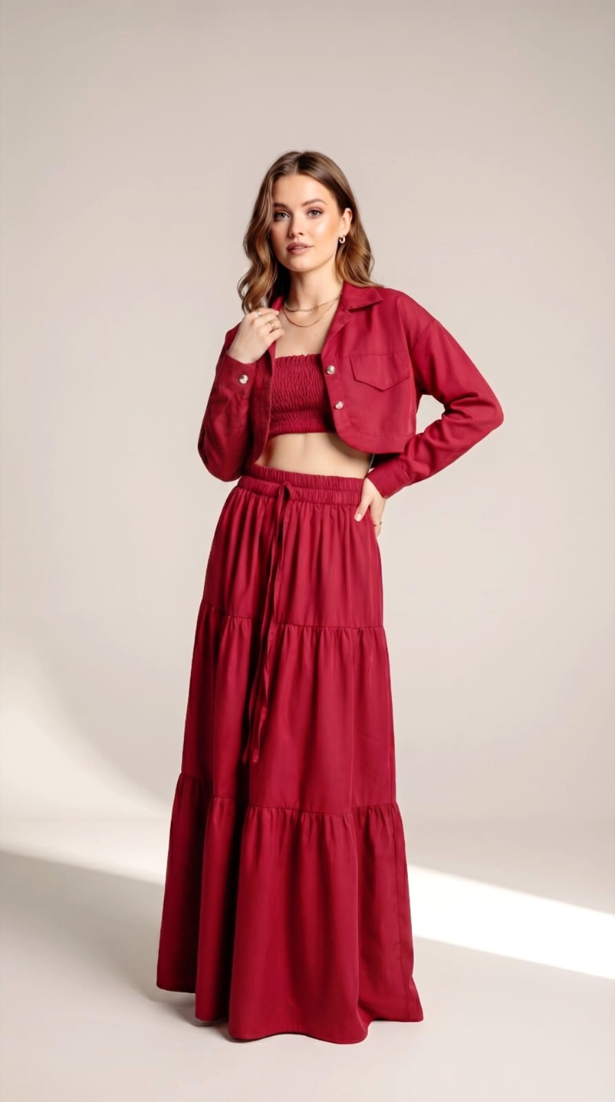 Women’s Red 3 Piece Co-ord Set Crop Top Shirt & Midi Skirt Elegant Casual Outfit