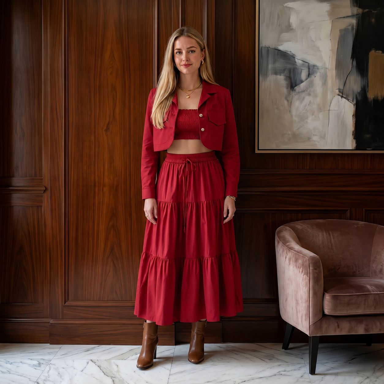 Women’s Red 3 Piece Co-ord Set Crop Top Shirt & Midi Skirt Elegant Casual Outfit