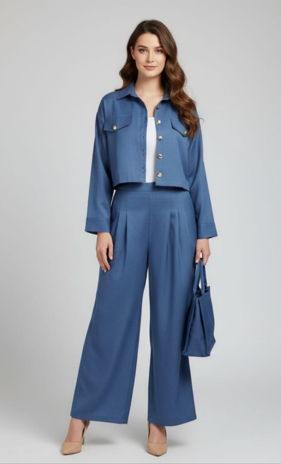 Women’s Blue 3 Piece Co-Ord Set Crop Top, Shirt & Wide Leg Pants | Elegant Casual Outfit