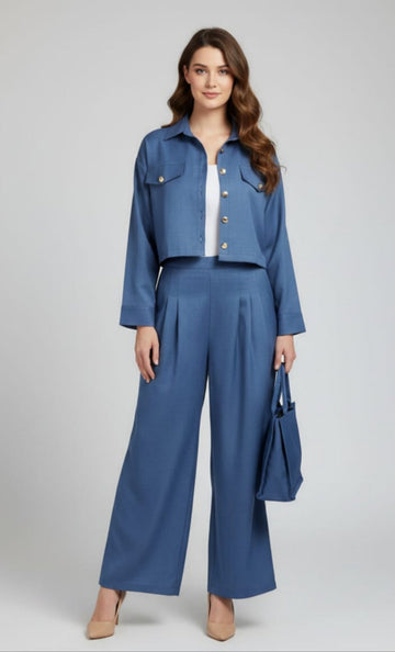 Women’s Blue 3 Piece Co-Ord Set Crop Top, Shirt & Wide Leg Pants | Elegant Casual Outfit