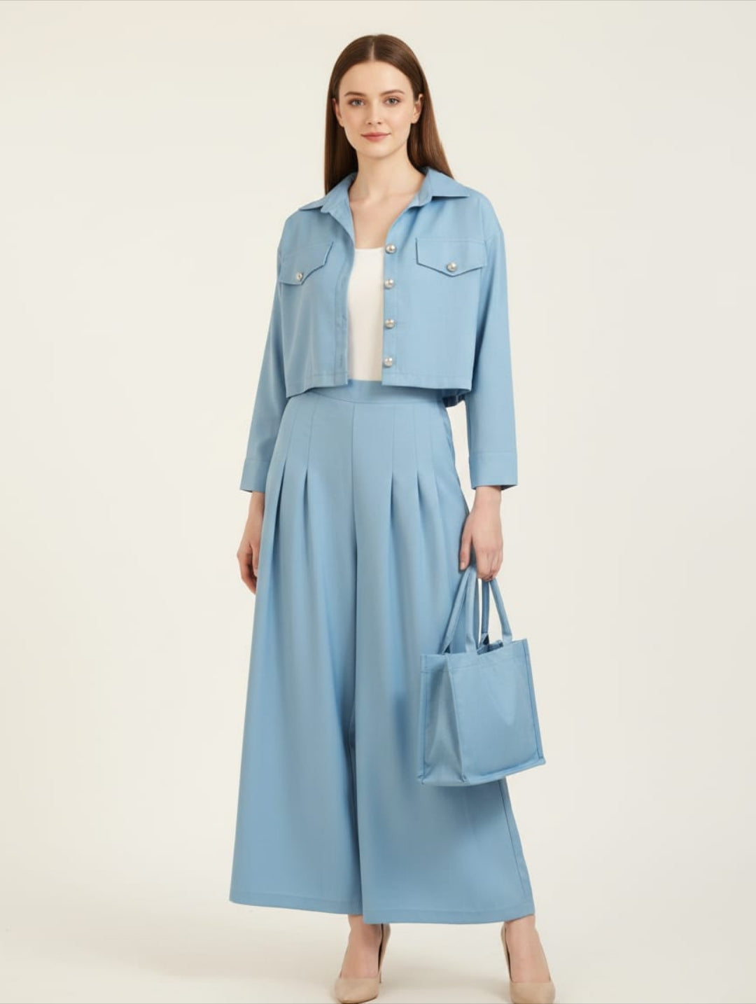 Women’s Sky Blue 3 Piece Co-Ord Set Crop Top, Shirt & Wide Leg Pants | Elegant Casual Outfit