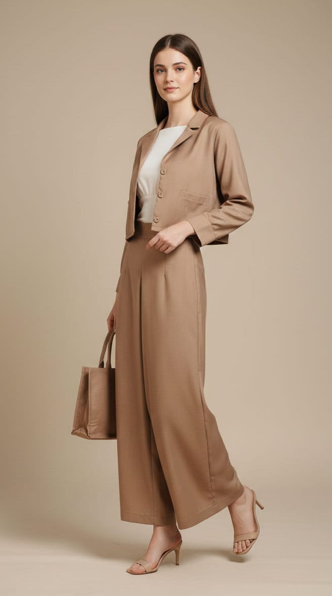 Women’s Brown 3 Piece Co-Ord Set Crop Top, Shirt & Wide Leg Pants | Elegant Formal Outfit
