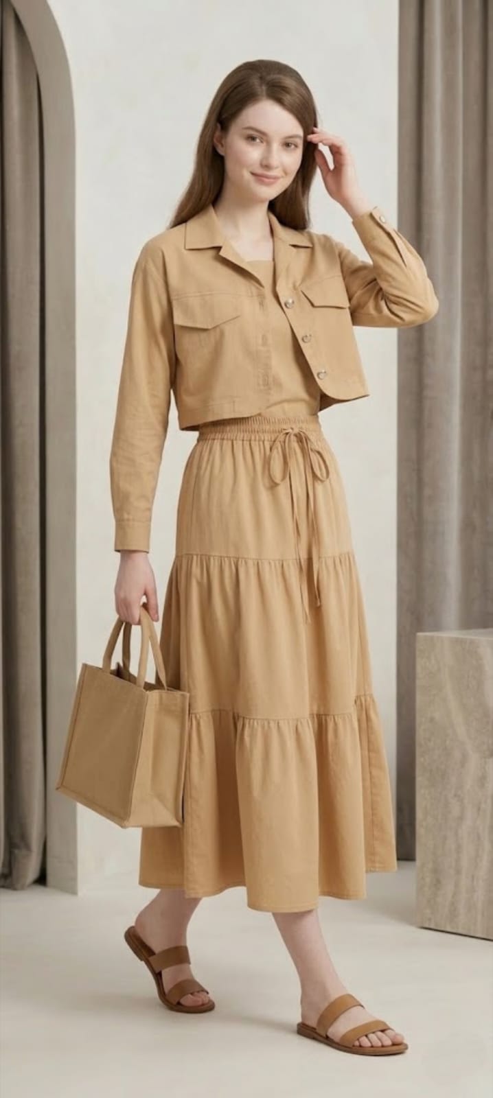Women’s Beige 3 Piece Co-Ord Set Crop Top, Shirt & Midi Skirt | Elegant Formal Outfit