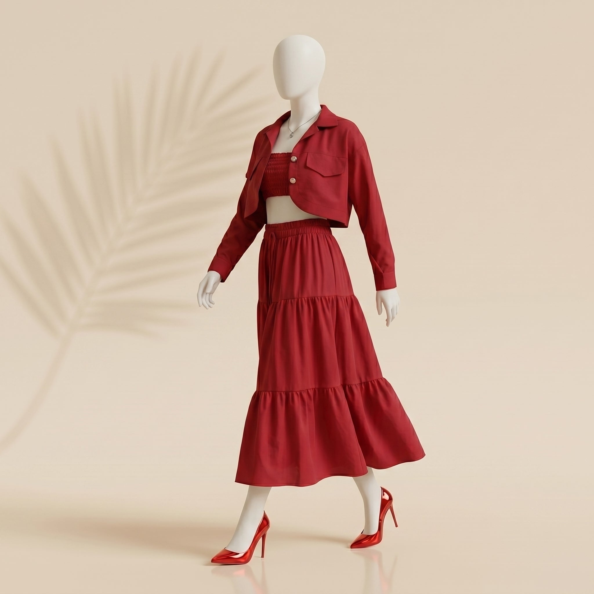 Women’s Red 3 Piece Co-ord Set Crop Top Shirt & Midi Skirt Elegant Casual Outfit