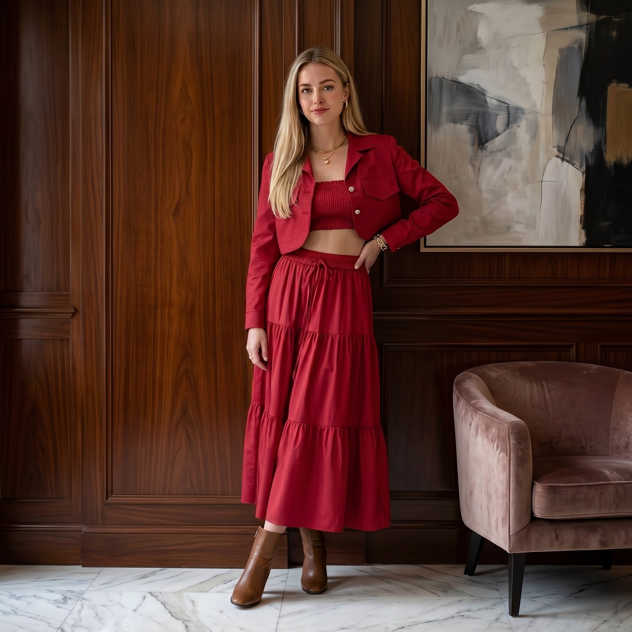 Women’s Red 3 Piece Co-ord Set Crop Top Shirt & Midi Skirt Elegant Casual Outfit