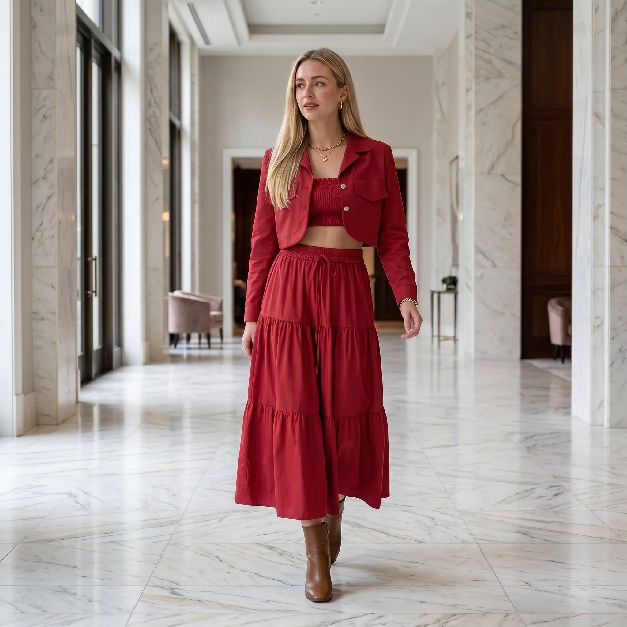 Women’s Red 3 Piece Co-ord Set Crop Top Shirt & Midi Skirt Elegant Casual Outfit