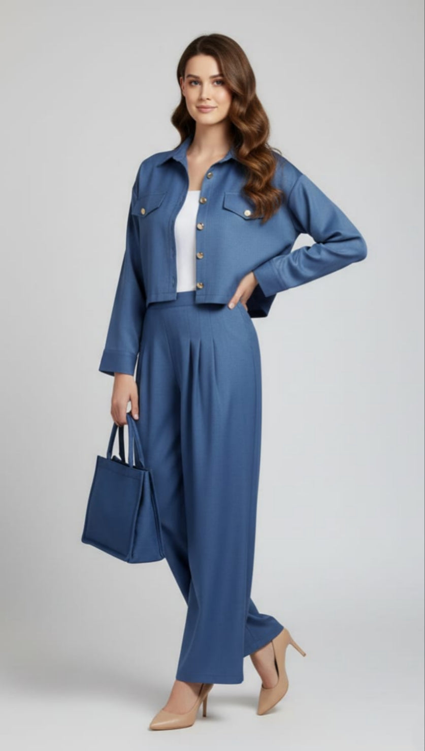 Women’s Blue 3 Piece Co-Ord Set Crop Top, Shirt & Wide Leg Pants | Elegant Casual Outfit