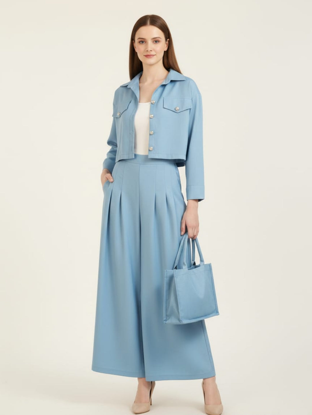 Women’s Sky Blue 3 Piece Co-Ord Set Crop Top, Shirt & Wide Leg Pants | Elegant Casual Outfit