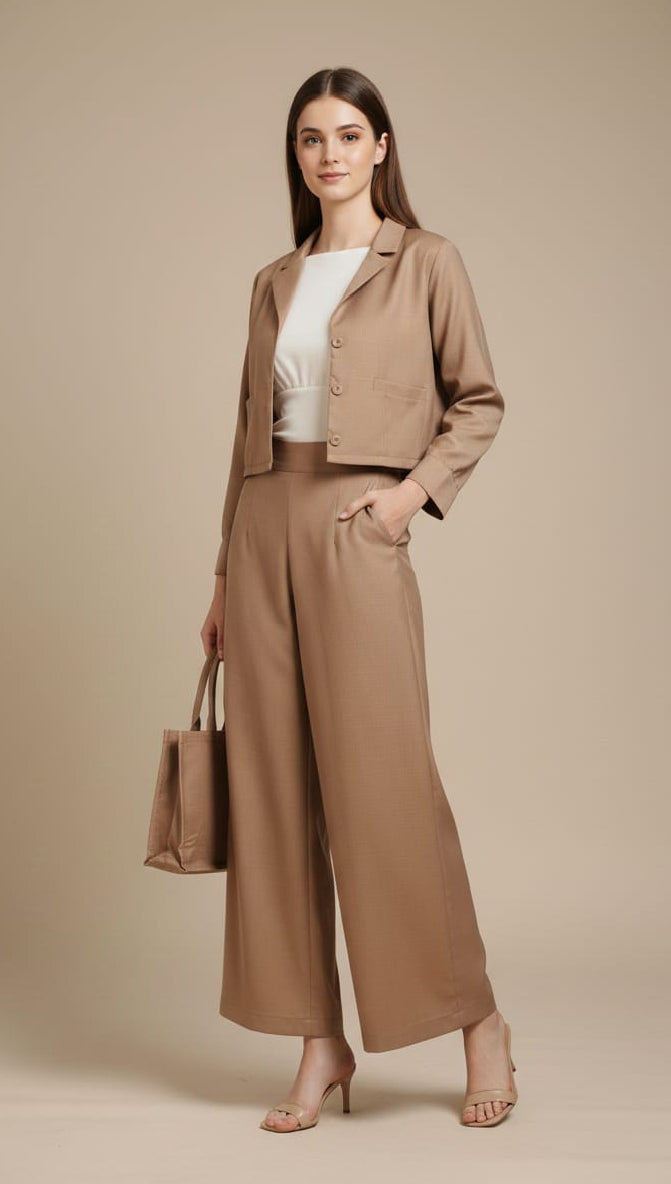 Women’s Brown 3 Piece Co-Ord Set Crop Top, Shirt & Wide Leg Pants | Elegant Formal Outfit