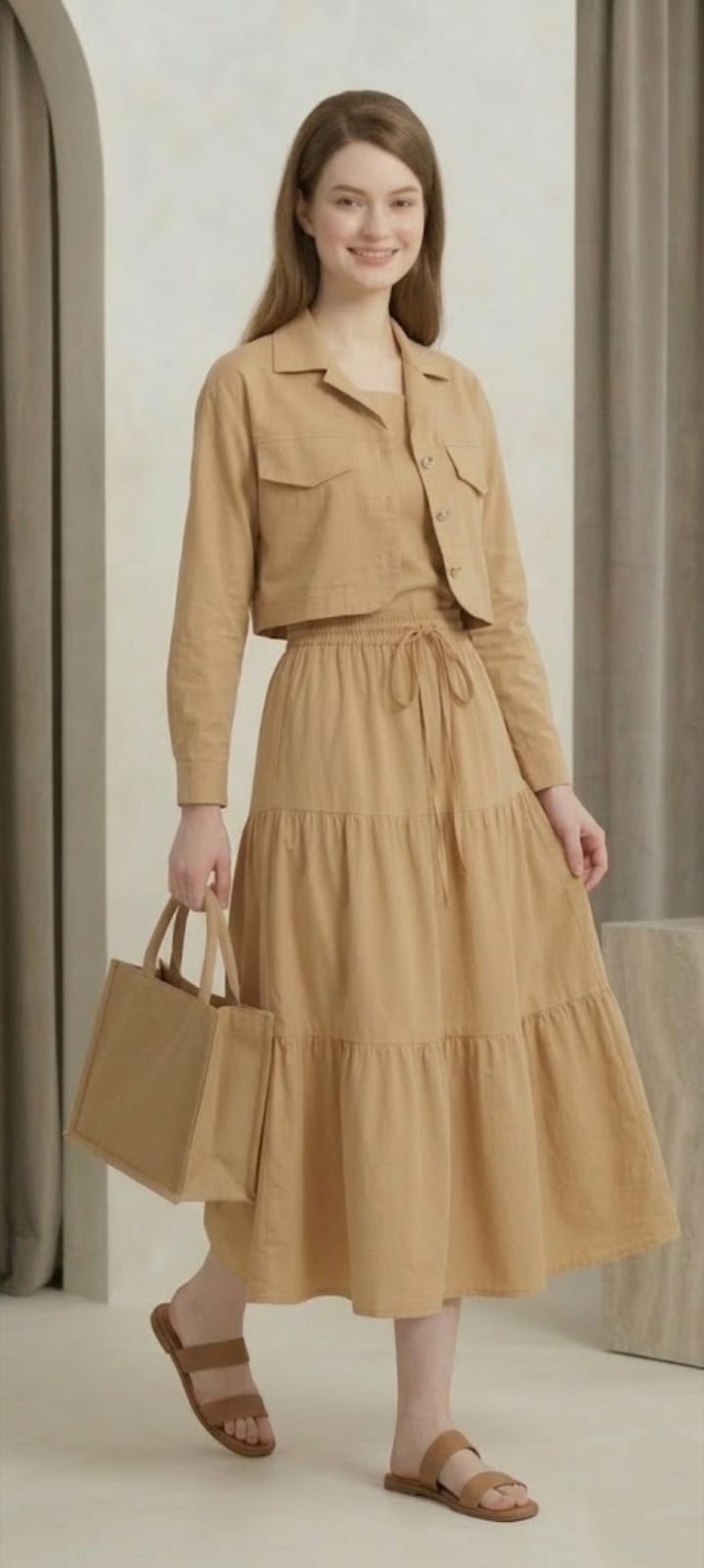 Women’s Beige 3 Piece Co-Ord Set Crop Top, Shirt & Midi Skirt | Elegant Formal Outfit