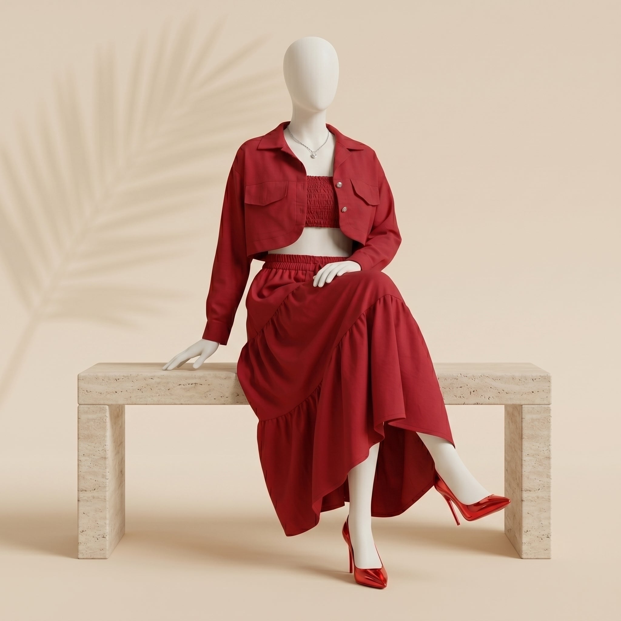 Women’s Red 3 Piece Co-ord Set Crop Top Shirt & Midi Skirt Elegant Casual Outfit