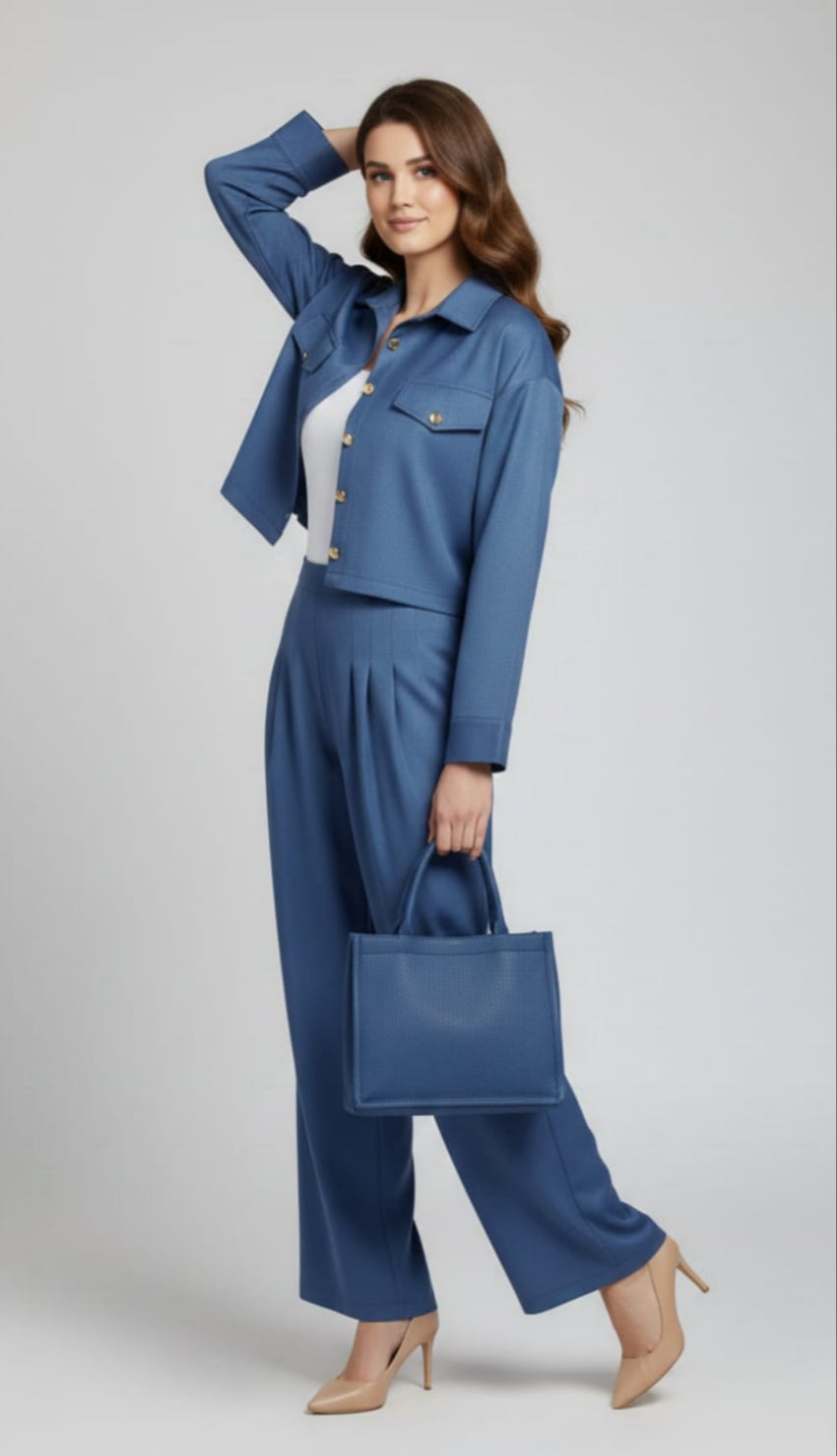 Women’s Blue 3 Piece Co-Ord Set Crop Top, Shirt & Wide Leg Pants | Elegant Casual Outfit