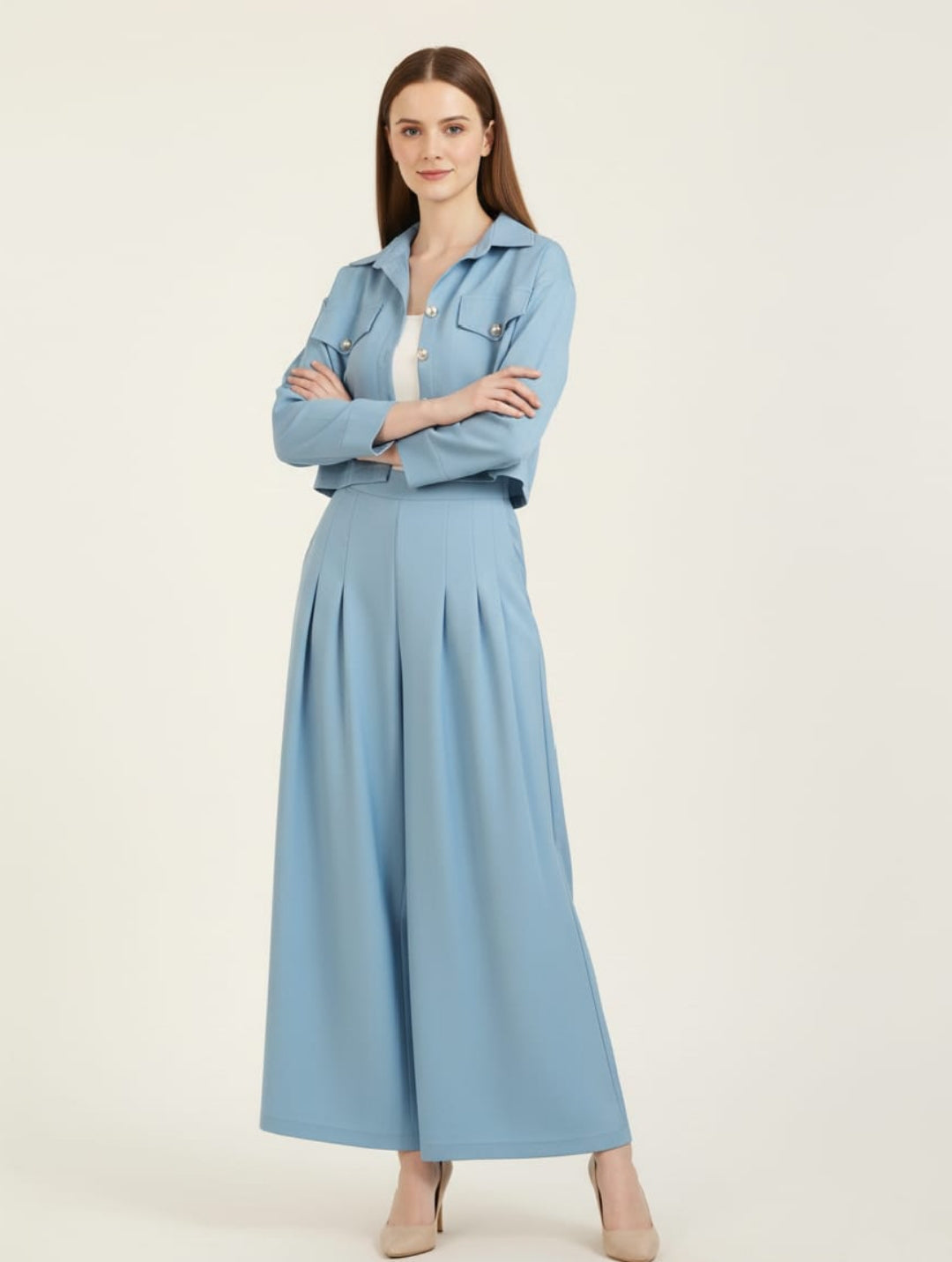Women’s Sky Blue 3 Piece Co-Ord Set Crop Top, Shirt & Wide Leg Pants | Elegant Casual Outfit