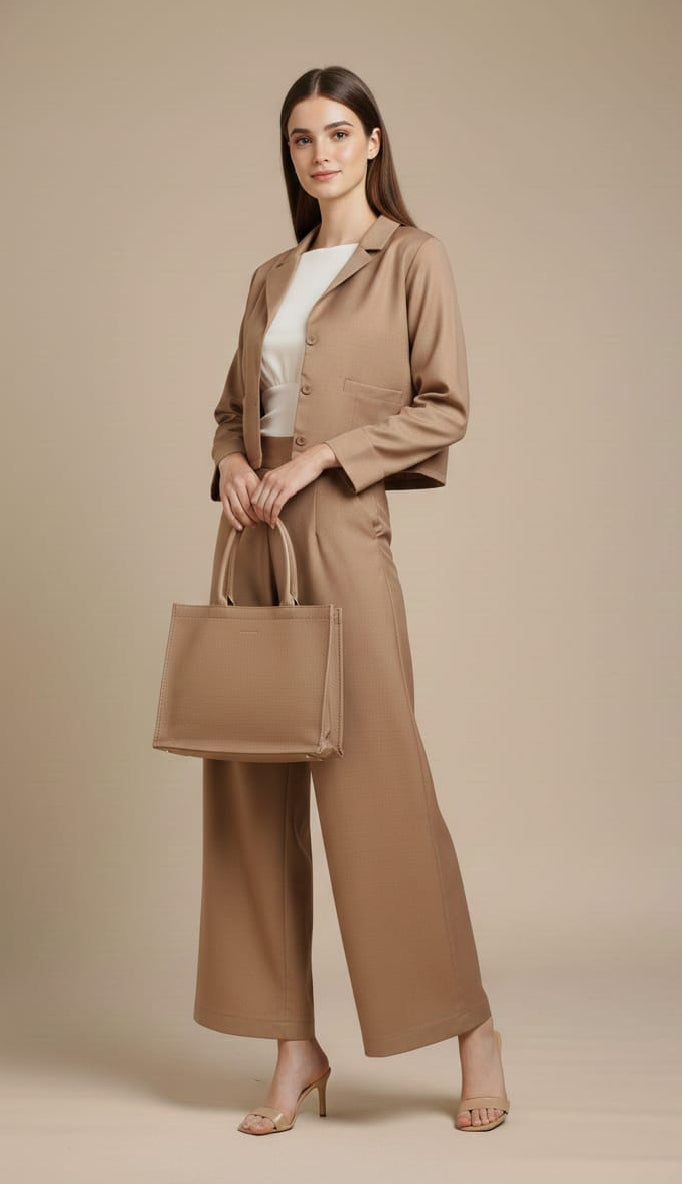 Women’s Brown 3 Piece Co-Ord Set Crop Top, Shirt & Wide Leg Pants | Elegant Formal Outfit