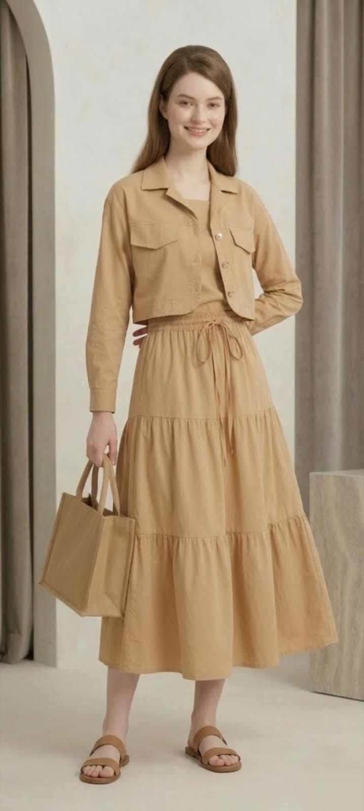 Women’s Beige 3 Piece Co-Ord Set Crop Top, Shirt & Midi Skirt | Elegant Formal Outfit