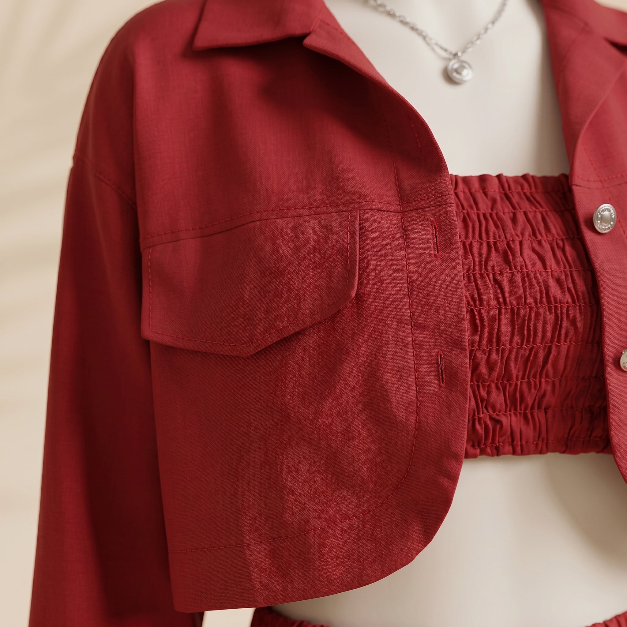 Women’s Red 3 Piece Co-ord Set Crop Top Shirt & Midi Skirt Elegant Casual Outfit