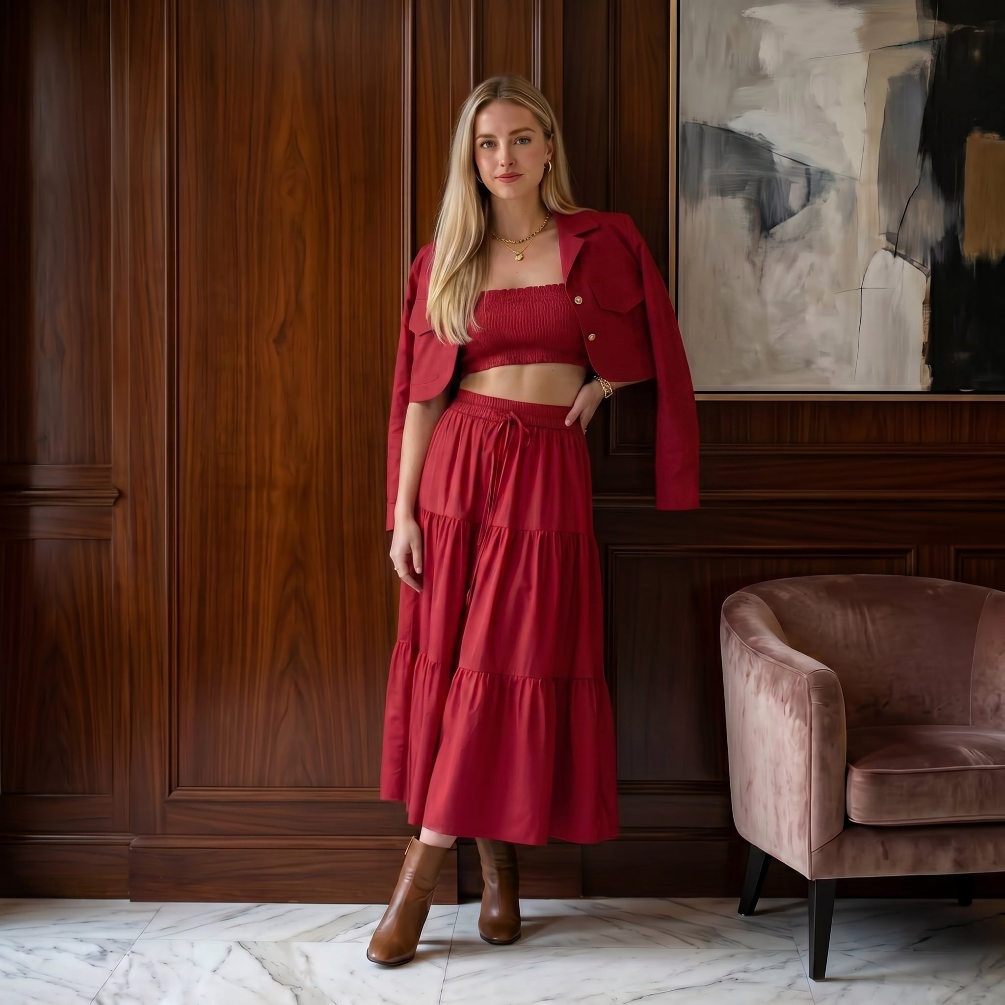 Women’s Red 3 Piece Co-ord Set Crop Top Shirt & Midi Skirt Elegant Casual Outfit