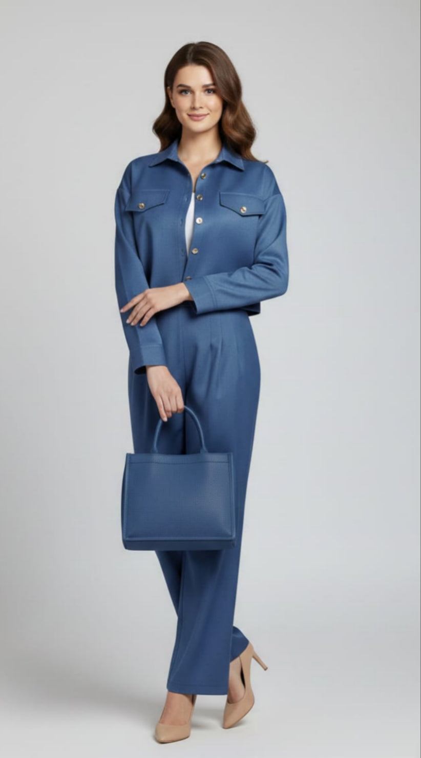 Women’s Blue 3 Piece Co-Ord Set Crop Top, Shirt & Wide Leg Pants | Elegant Casual Outfit