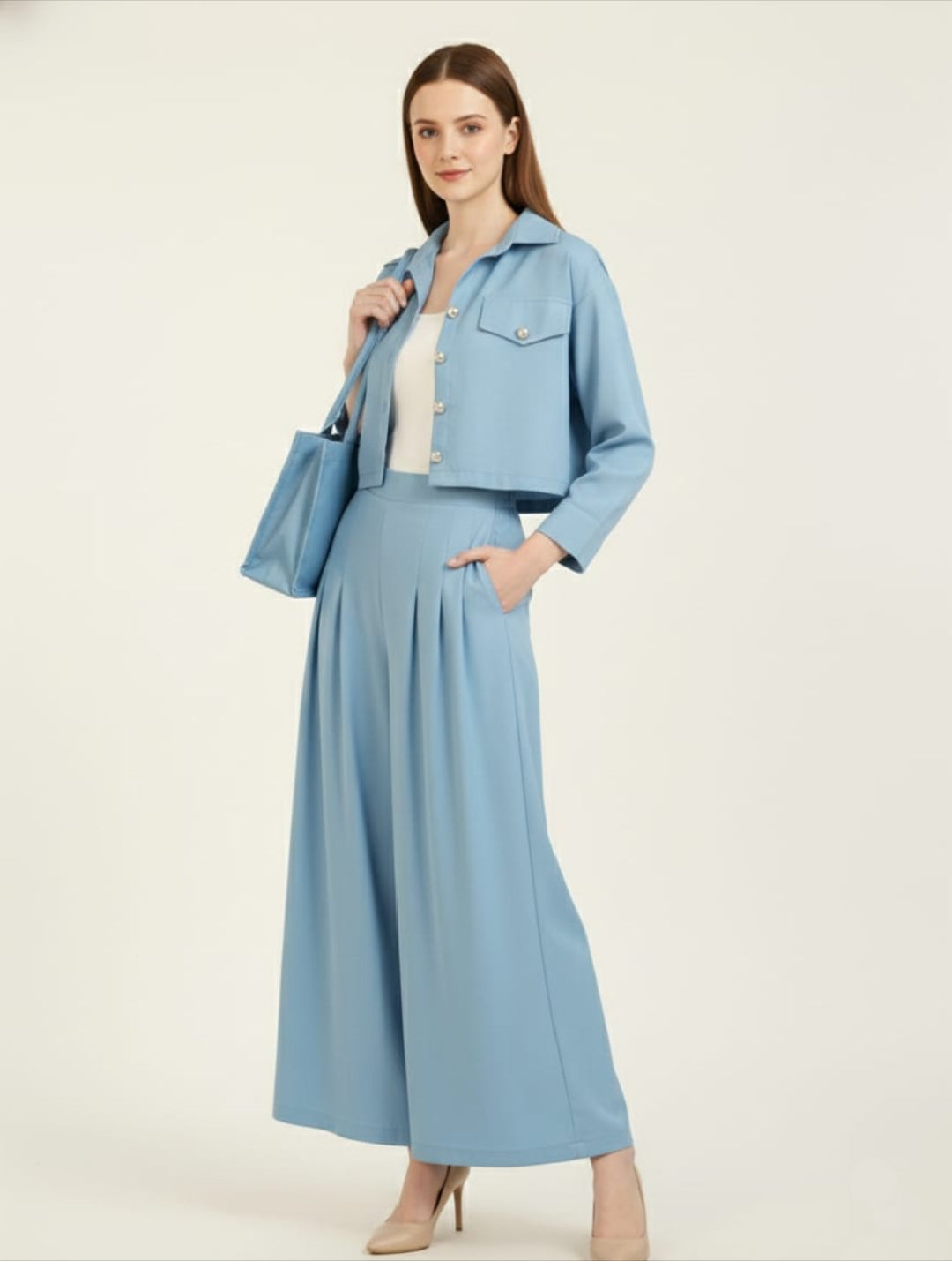Women’s Sky Blue 3 Piece Co-Ord Set Crop Top, Shirt & Wide Leg Pants | Elegant Casual Outfit