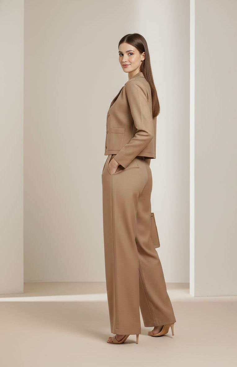 Women’s Brown 3 Piece Co-Ord Set Crop Top, Shirt & Wide Leg Pants | Elegant Formal Outfit