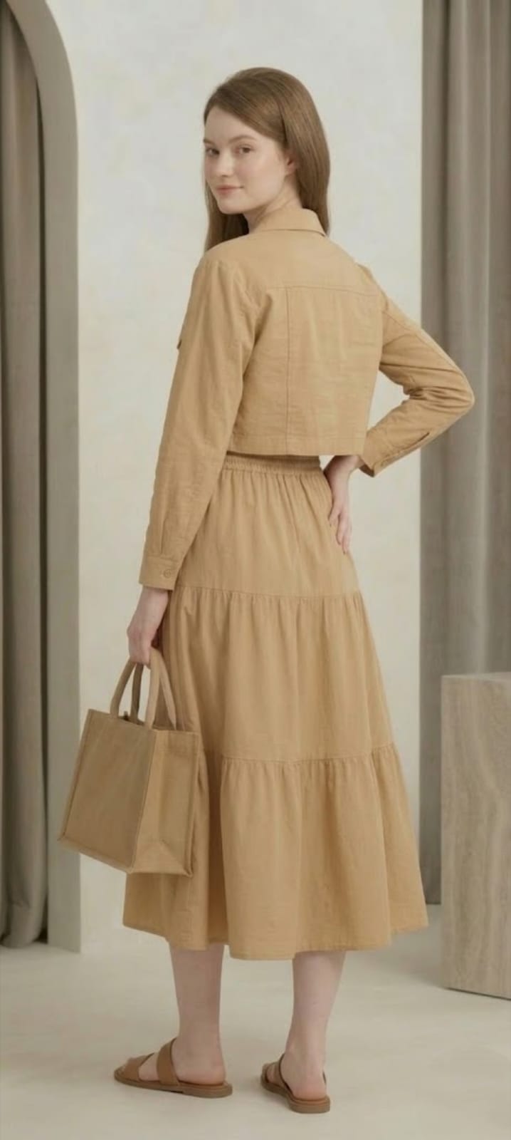 Women’s Beige 3 Piece Co-Ord Set Crop Top, Shirt & Midi Skirt | Elegant Formal Outfit