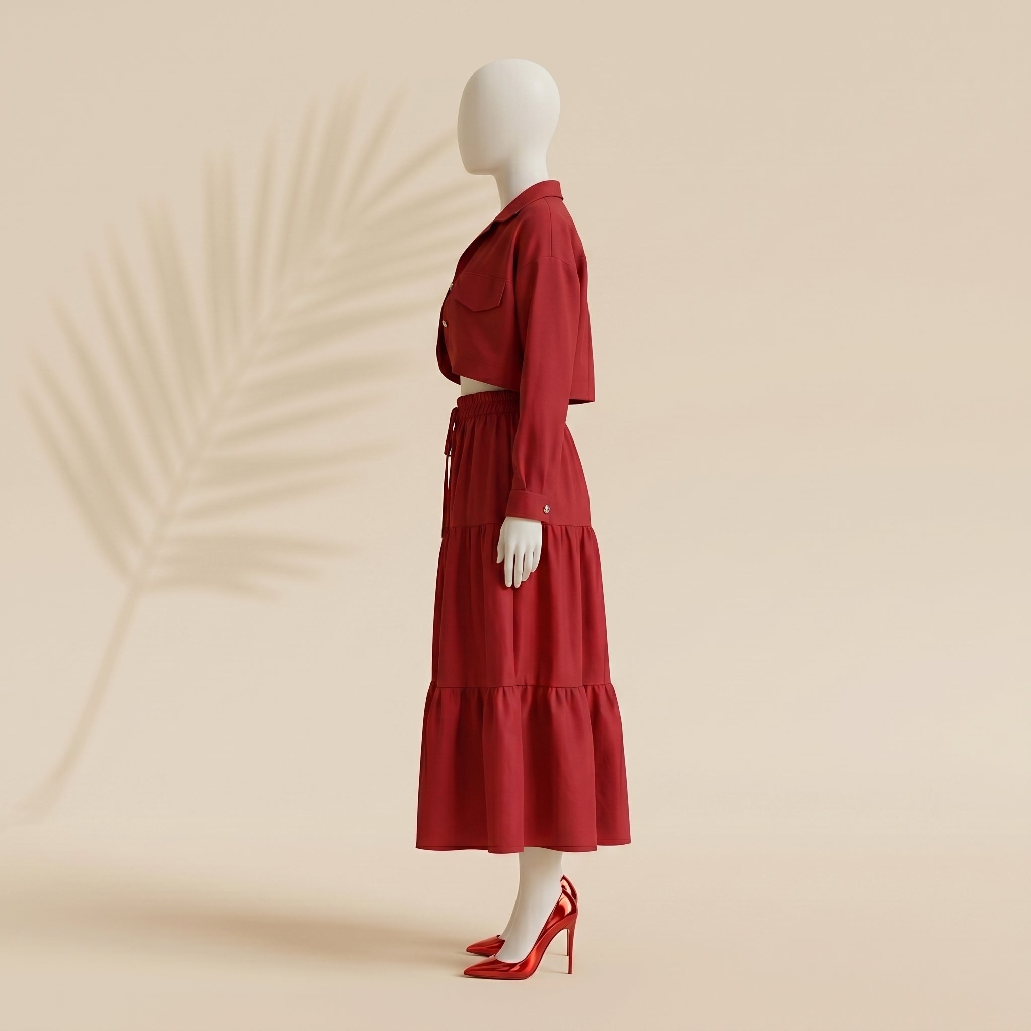 Women’s Red 3 Piece Co-ord Set Crop Top Shirt & Midi Skirt Elegant Casual Outfit