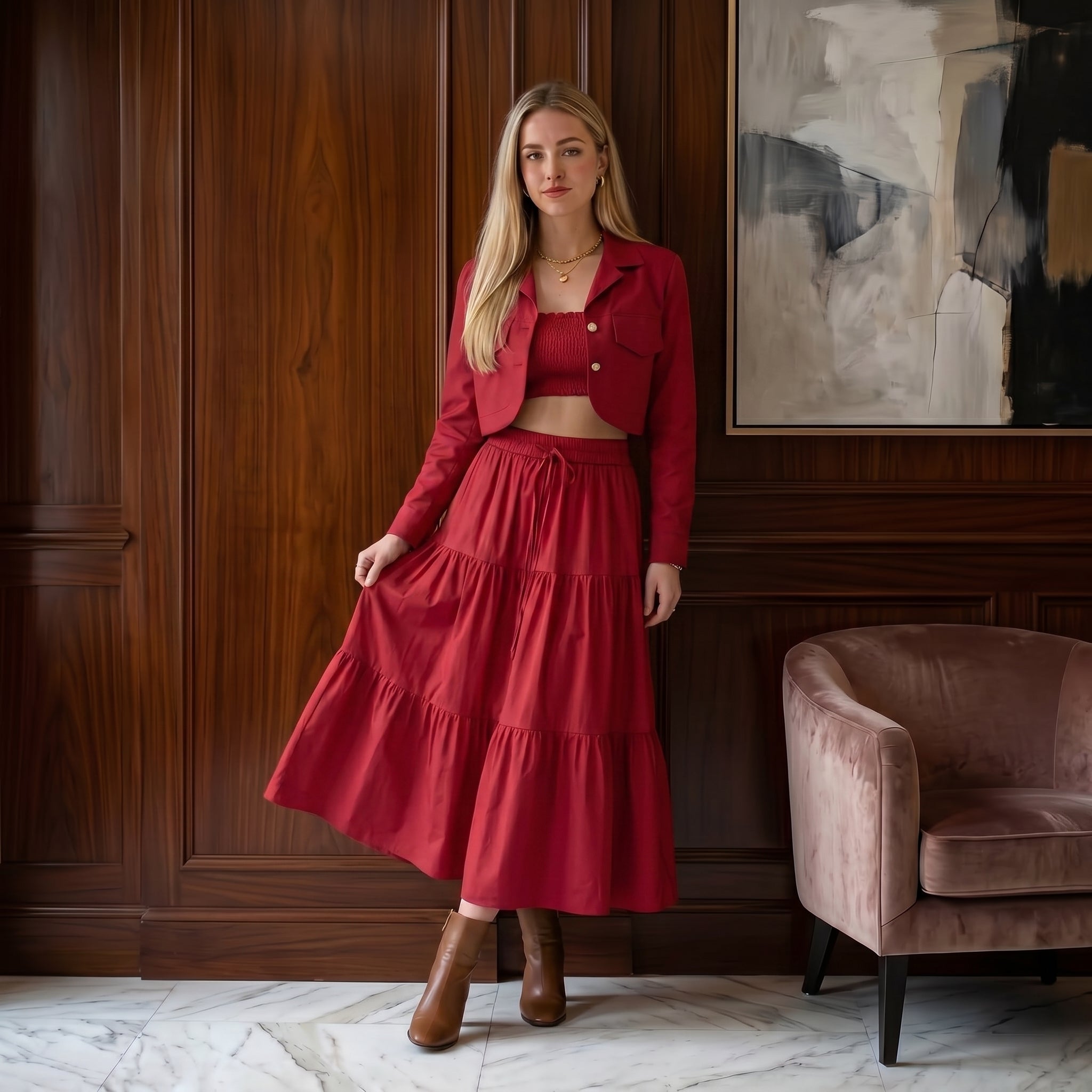 Women’s Red 3 Piece Co-ord Set Crop Top Shirt & Midi Skirt Elegant Casual Outfit