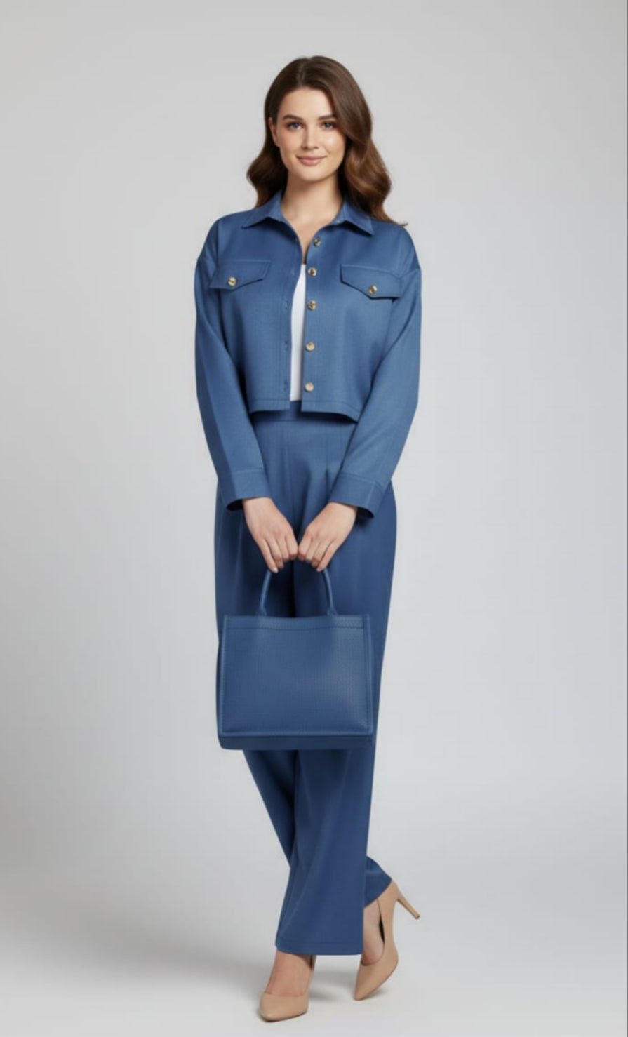 Women’s Blue 3 Piece Co-Ord Set Crop Top, Shirt & Wide Leg Pants | Elegant Casual Outfit