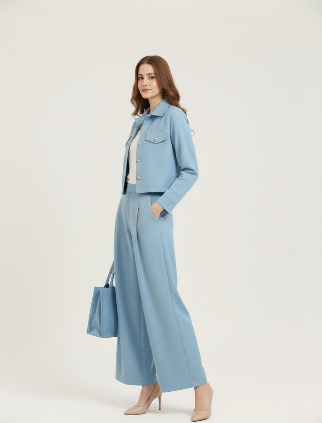 Women’s Sky Blue 3 Piece Co-Ord Set Crop Top, Shirt & Wide Leg Pants | Elegant Casual Outfit