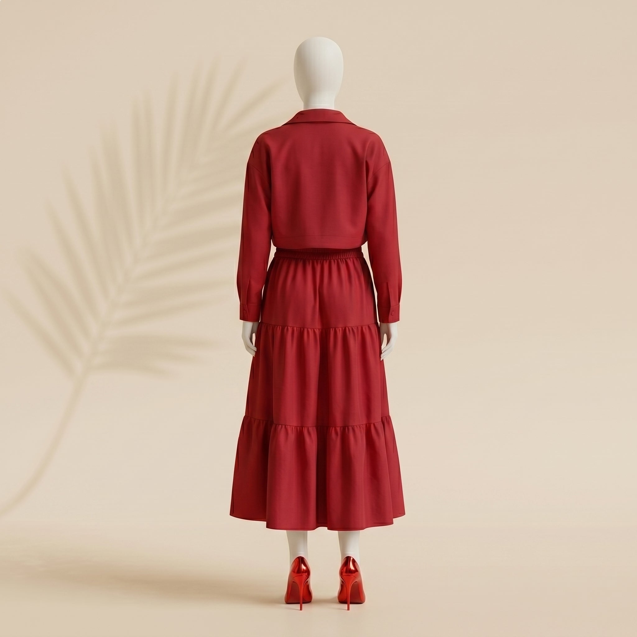 Women’s Red 3 Piece Co-ord Set Crop Top Shirt & Midi Skirt Elegant Casual Outfit