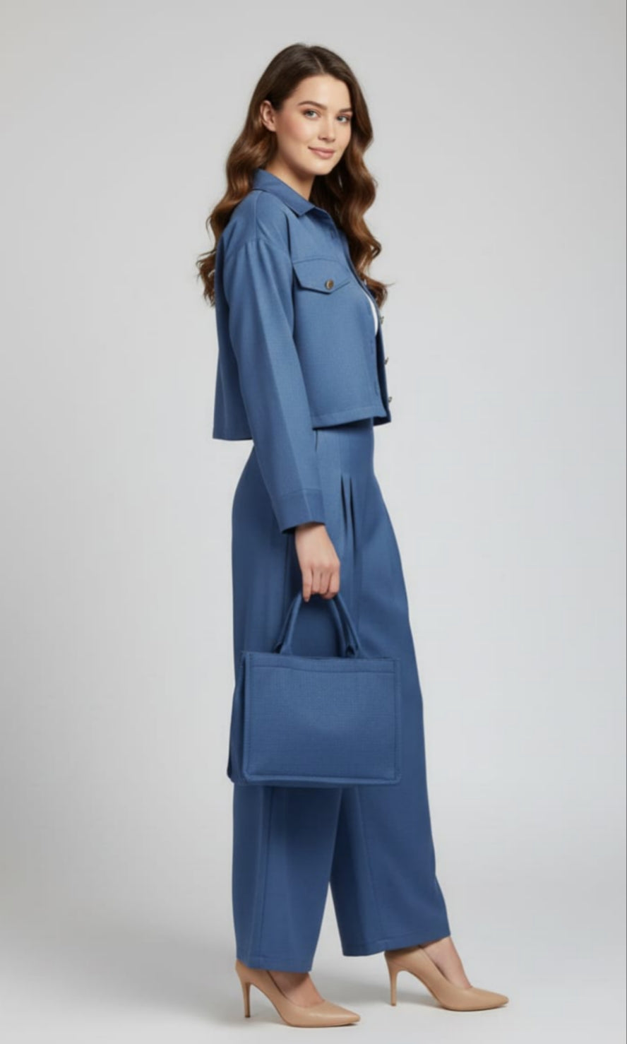 Women’s Blue 3 Piece Co-Ord Set Crop Top, Shirt & Wide Leg Pants | Elegant Casual Outfit