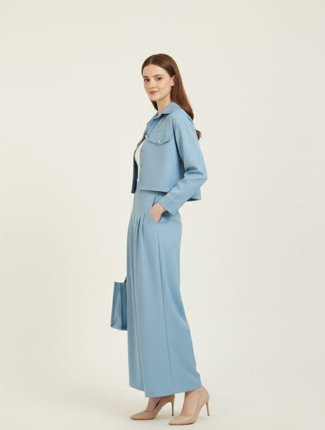 Women’s Sky Blue 3 Piece Co-Ord Set Crop Top, Shirt & Wide Leg Pants | Elegant Casual Outfit