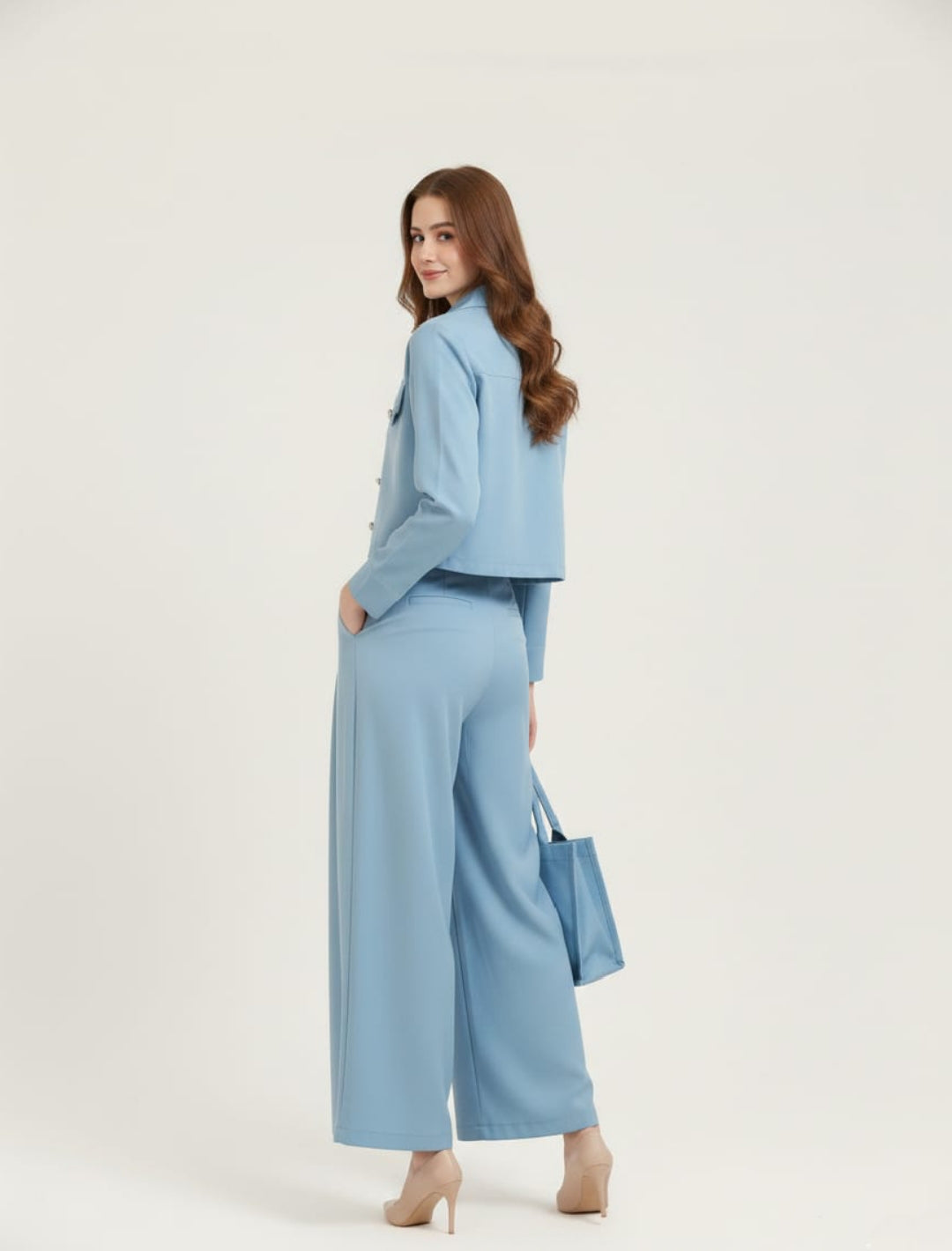 Women’s Sky Blue 3 Piece Co-Ord Set Crop Top, Shirt & Wide Leg Pants | Elegant Casual Outfit