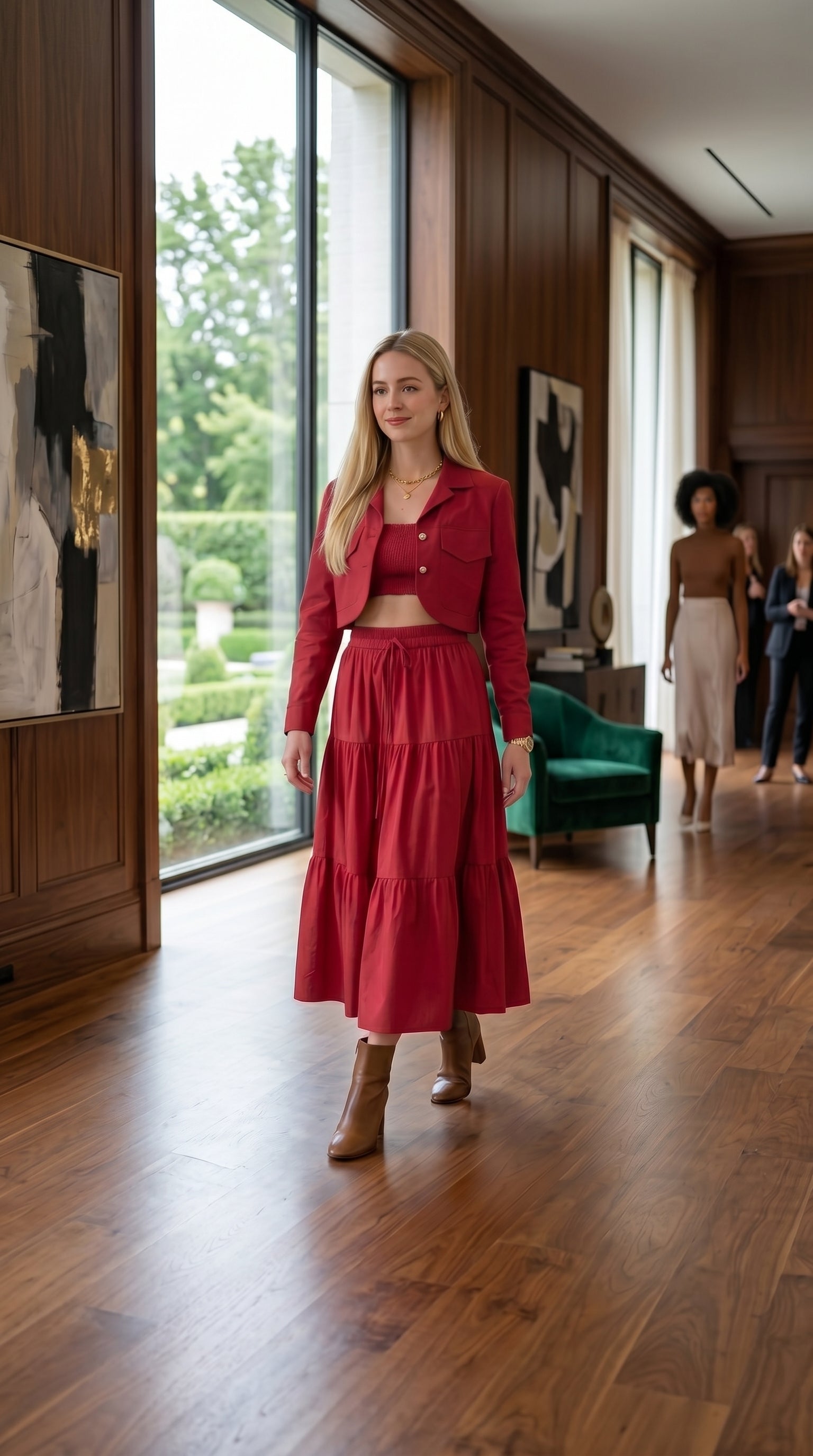 Women’s Red 3 Piece Co-ord Set Crop Top Shirt & Midi Skirt Elegant Casual Outfit