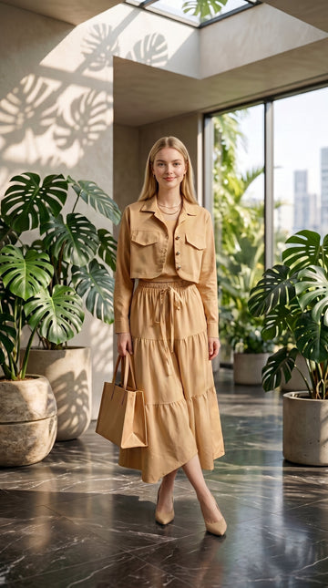 Women’s Beige 3 Piece Co-Ord Set Crop Top, Shirt & Midi Skirt | Elegant Formal Outfit
