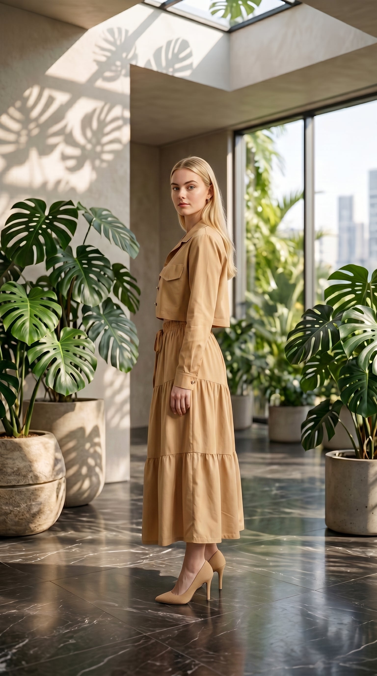 Women’s Beige 3 Piece Co-Ord Set Crop Top, Shirt & Midi Skirt | Elegant Formal Outfit