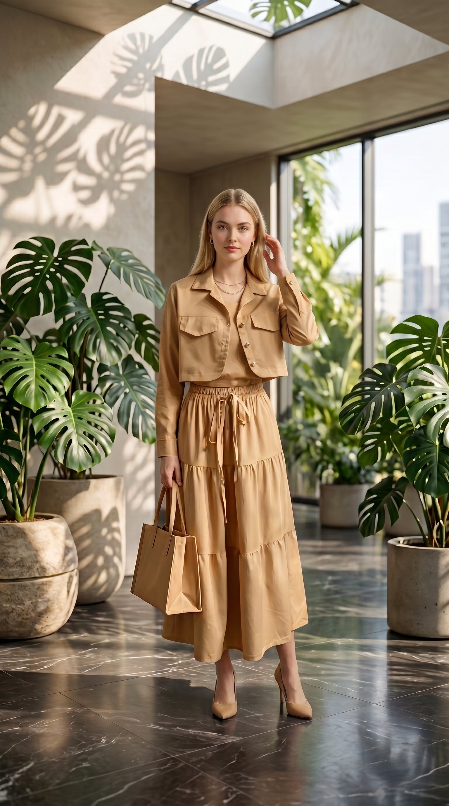 Women’s Beige 3 Piece Co-Ord Set Crop Top, Shirt & Midi Skirt | Elegant Formal Outfit