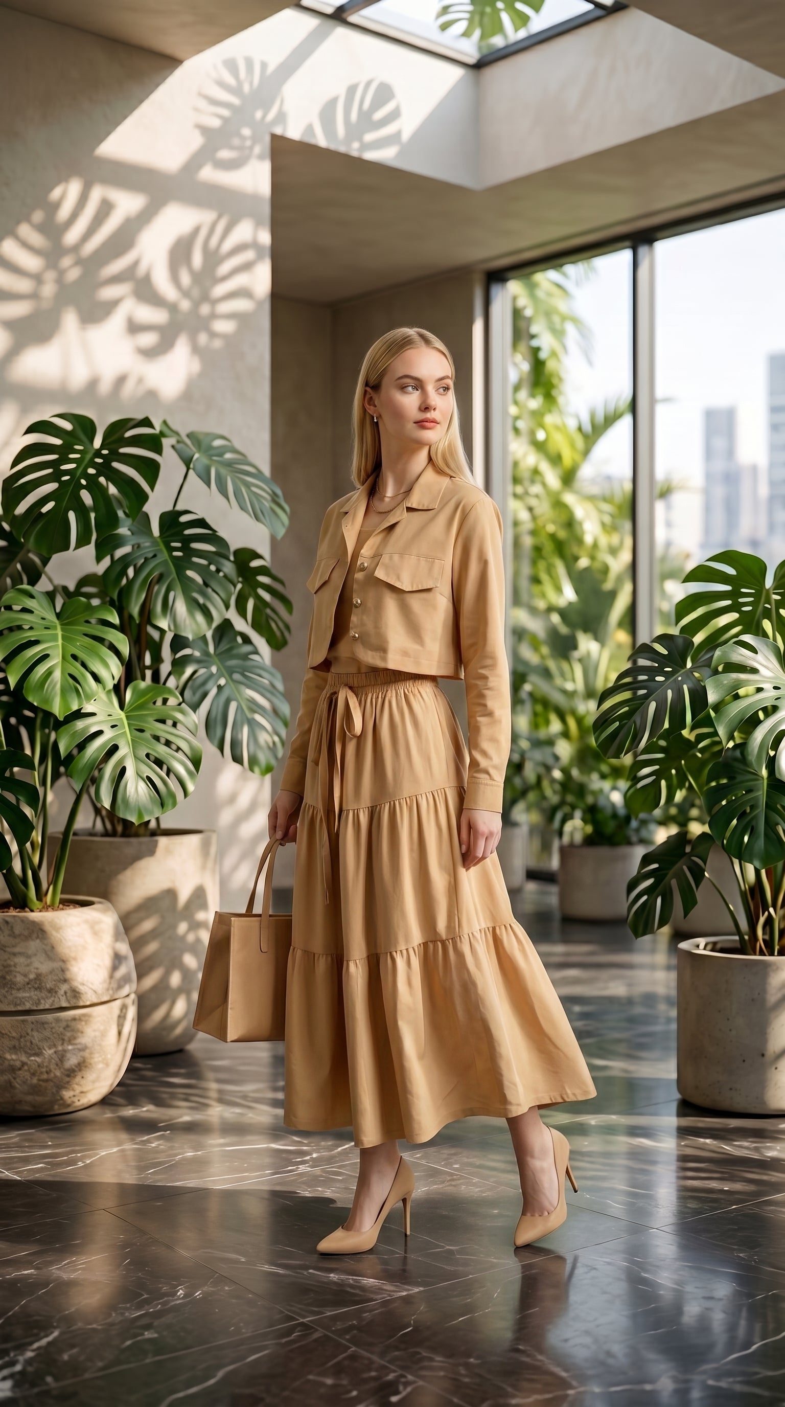 Women’s Beige 3 Piece Co-Ord Set Crop Top, Shirt & Midi Skirt | Elegant Formal Outfit