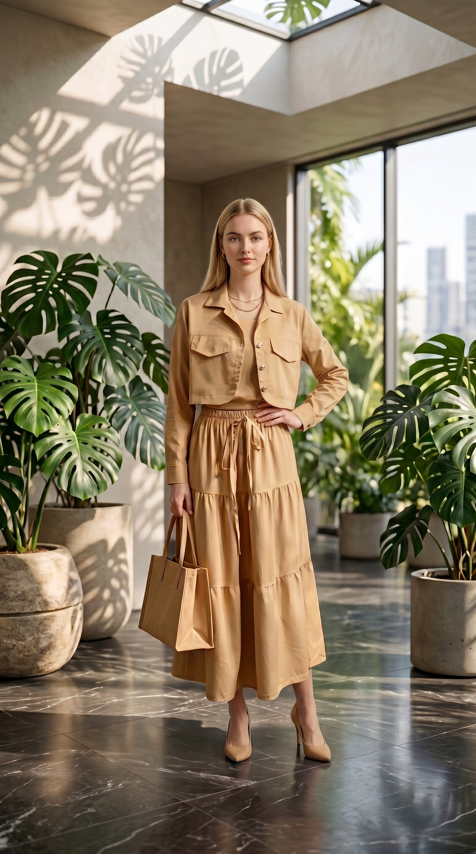 Women’s Beige 3 Piece Co-Ord Set Crop Top, Shirt & Midi Skirt | Elegant Formal Outfit