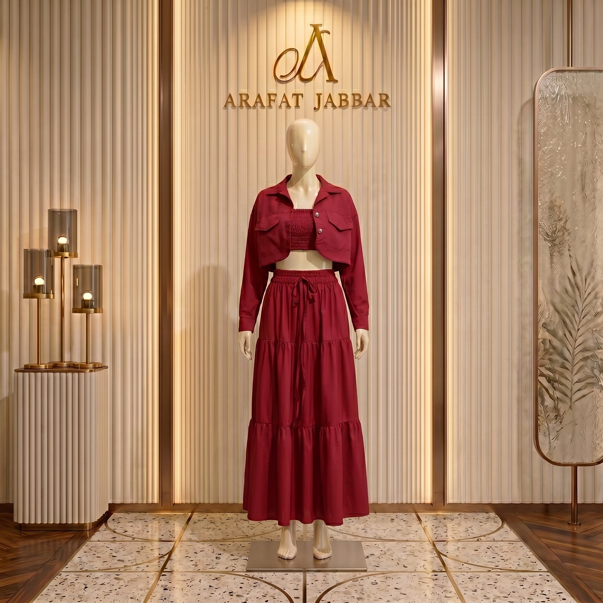 Women’s Red 3 Piece Co-ord Set Crop Top Shirt & Midi Skirt Elegant Casual Outfit