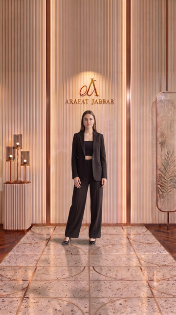 Black 3 Piece Coat Pant Blazer, Crop Top & Wide Leg Pant | Elegant Formal Outfit