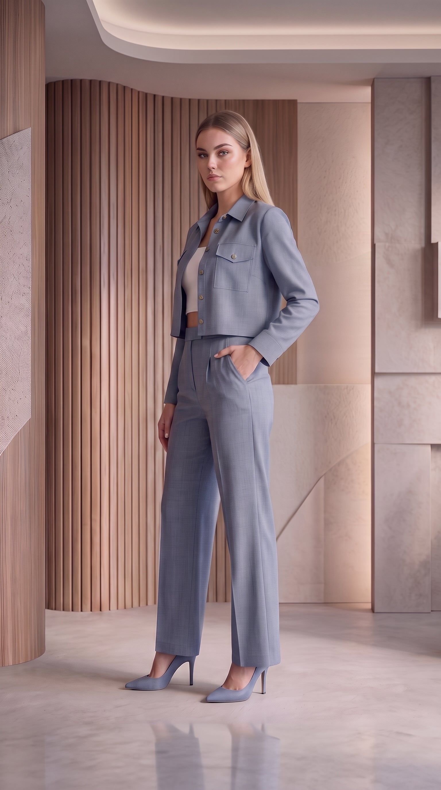 Blue 3 Piece Co-Ord Set Crop Top, Shirt & Wide Leg Pants | Elegant Casual Outfit