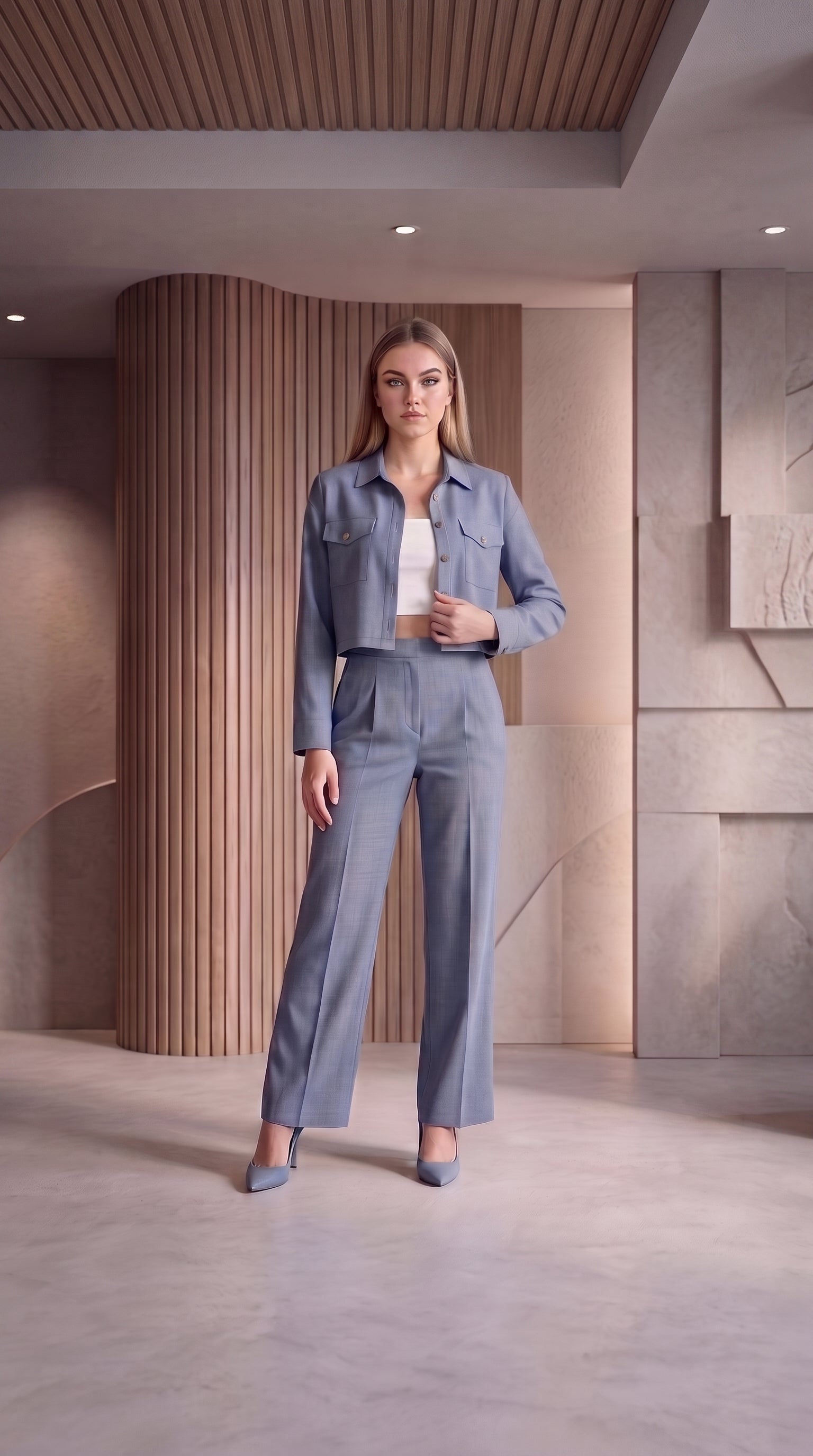 Blue 3 Piece Co-Ord Set Crop Top, Shirt & Wide Leg Pants | Elegant Casual Outfit