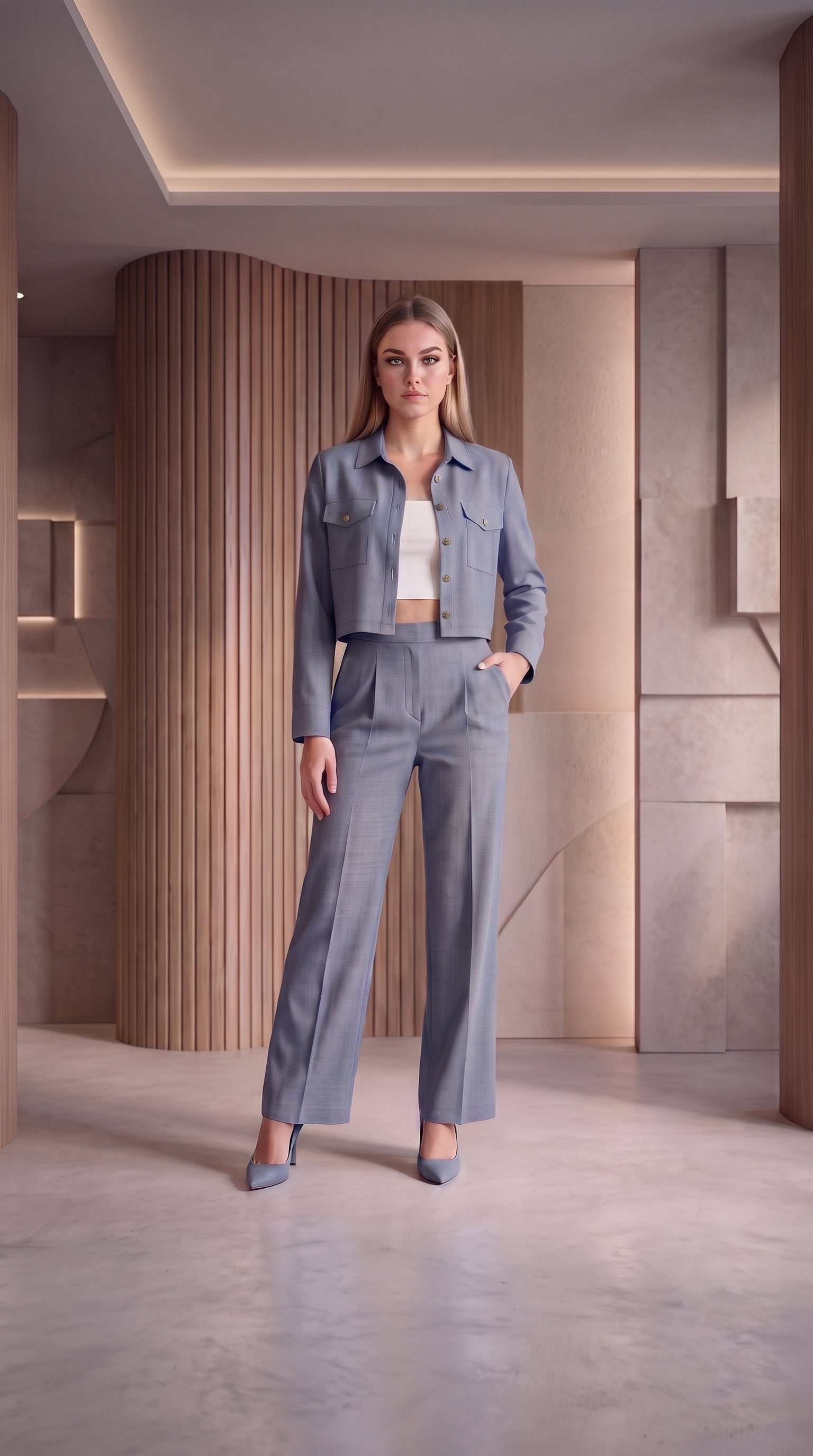 Blue 3 Piece Co-Ord Set Crop Top, Shirt & Wide Leg Pants | Elegant Casual Outfit