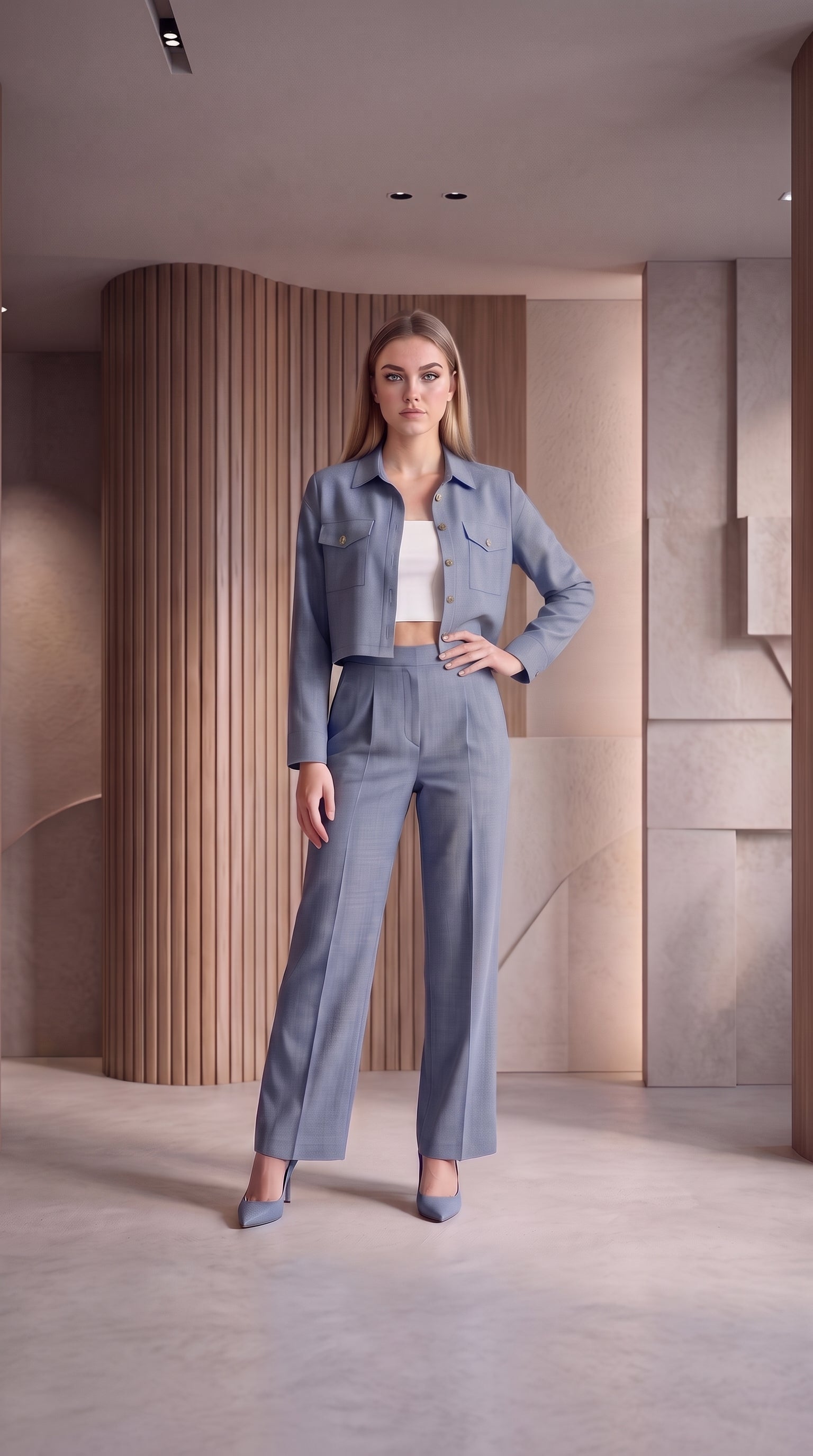 Blue 3 Piece Co-Ord Set Crop Top, Shirt & Wide Leg Pants | Elegant Casual Outfit