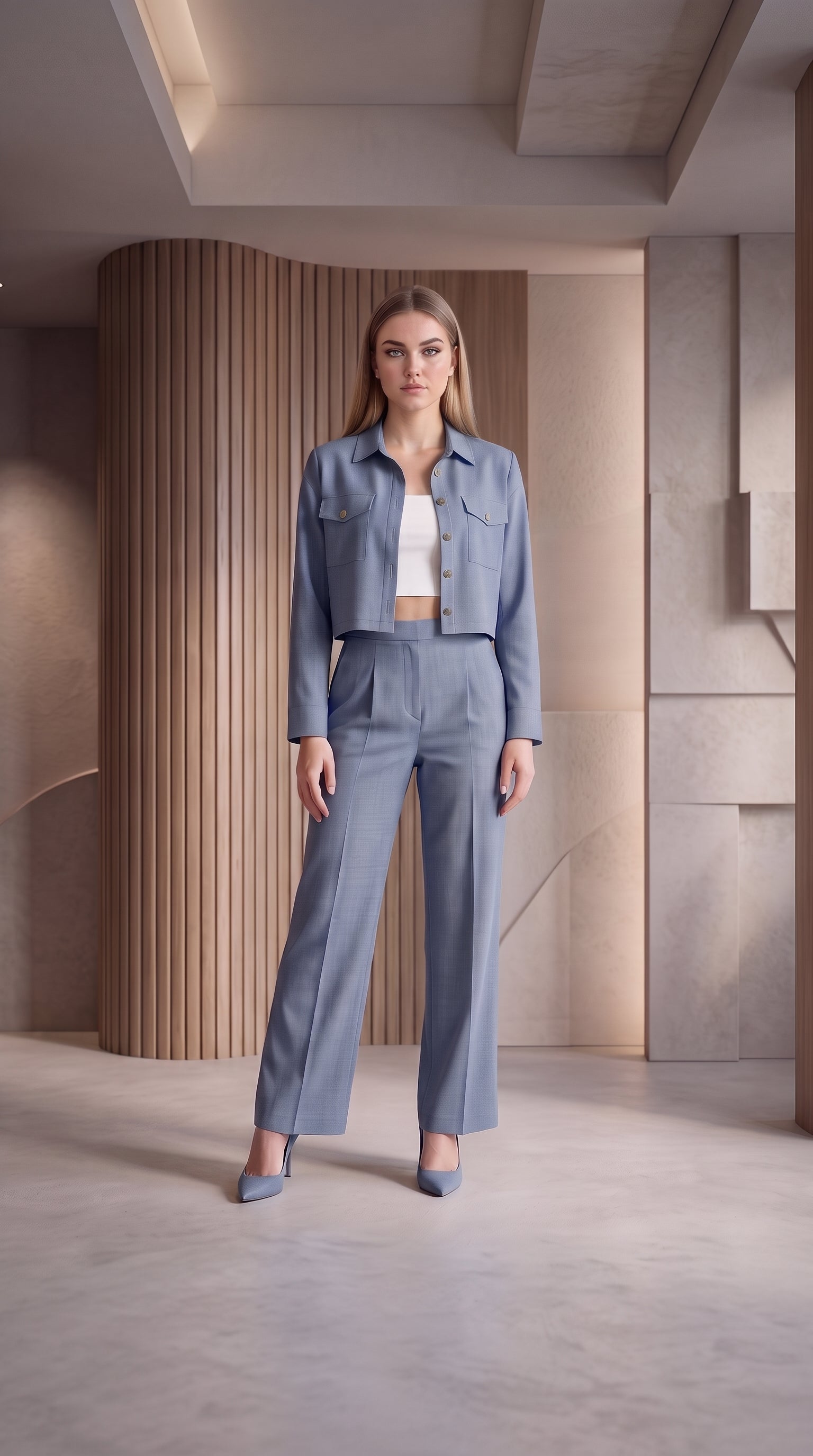 Blue 3 Piece Co-Ord Set Crop Top, Shirt & Wide Leg Pants | Elegant Casual Outfit