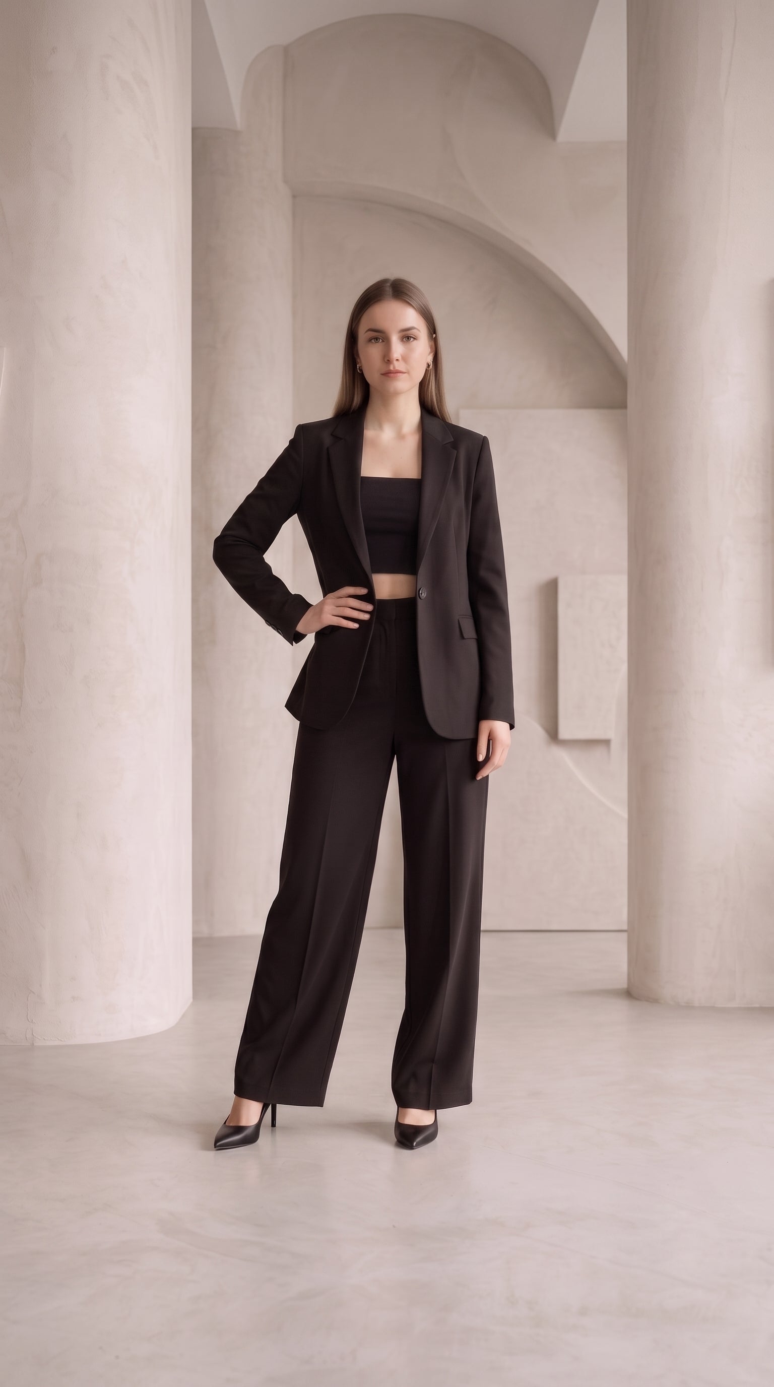 Black 3 Piece Coat Pant Blazer, Crop Top & Wide Leg Pant | Elegant Formal Outfit