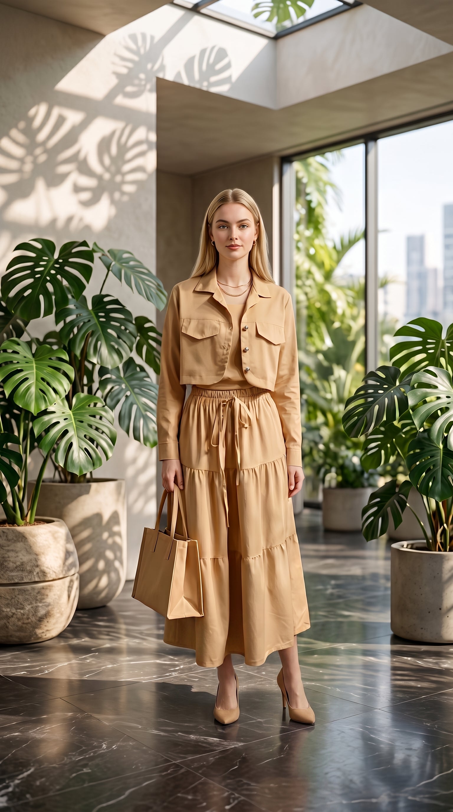 Women’s Beige 3 Piece Co-Ord Set Crop Top, Shirt & Midi Skirt | Elegant Formal Outfit